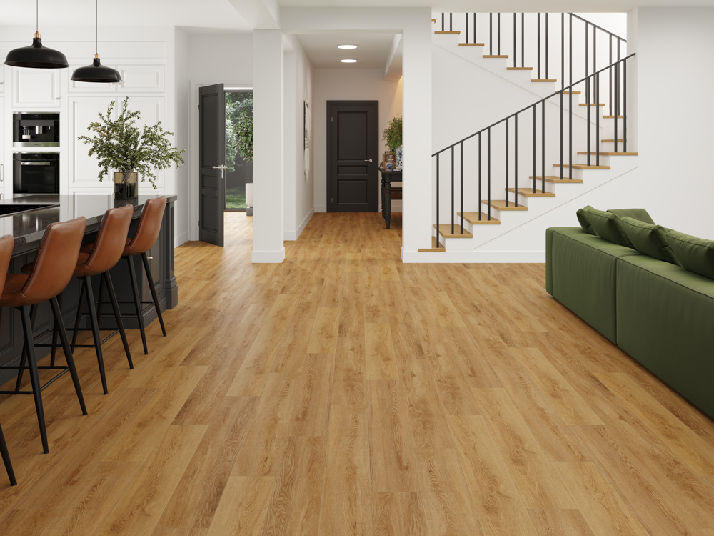 Кварцвиниловый SPC ламинат Cronafloor Grand Sequoia Дуб Медовый 1200×180×5 фото в интерьере